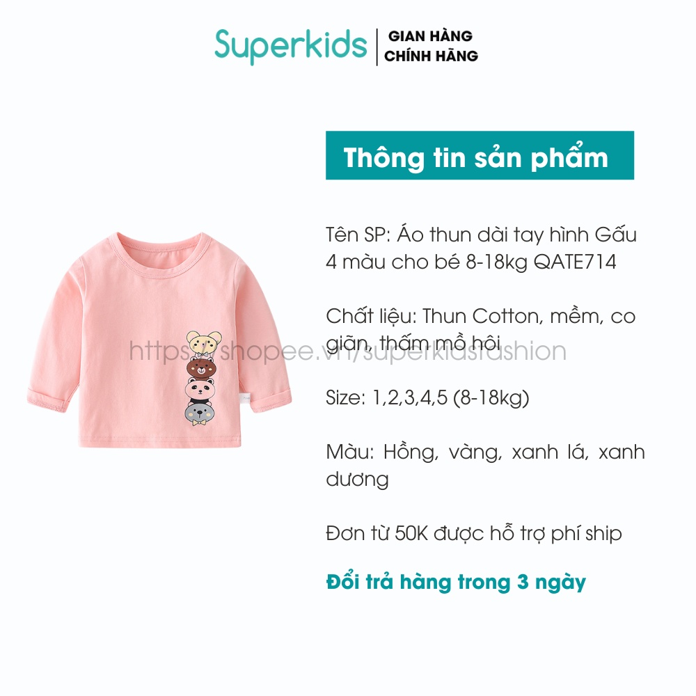 Áo thun dài tay hình Gấu 4 màu cho bé 8-18kg QATE714