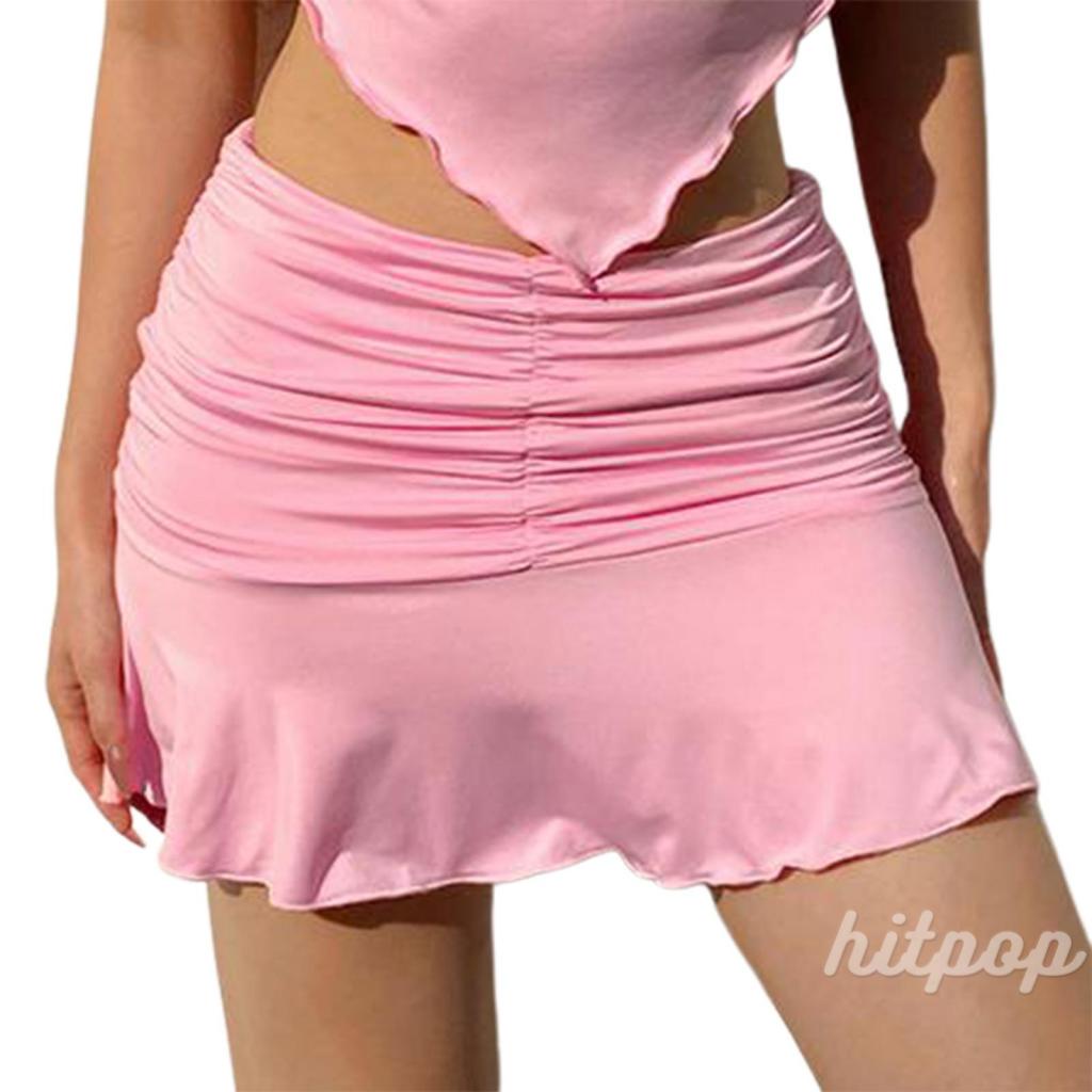 Hitpop-Female Vest, Girls Solid Color Sleeveless Strappy Spaghetti Strap Crop Tops, Matching with High Waist Pleated