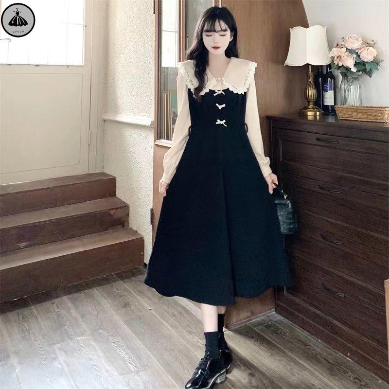 Váy babydoll Đầm Chữ a Tay Dài Cổ Búp Bê Phối Ren Phong Cách Pháp Thời Trang Xuân Thu Plus Size Cho Nữ