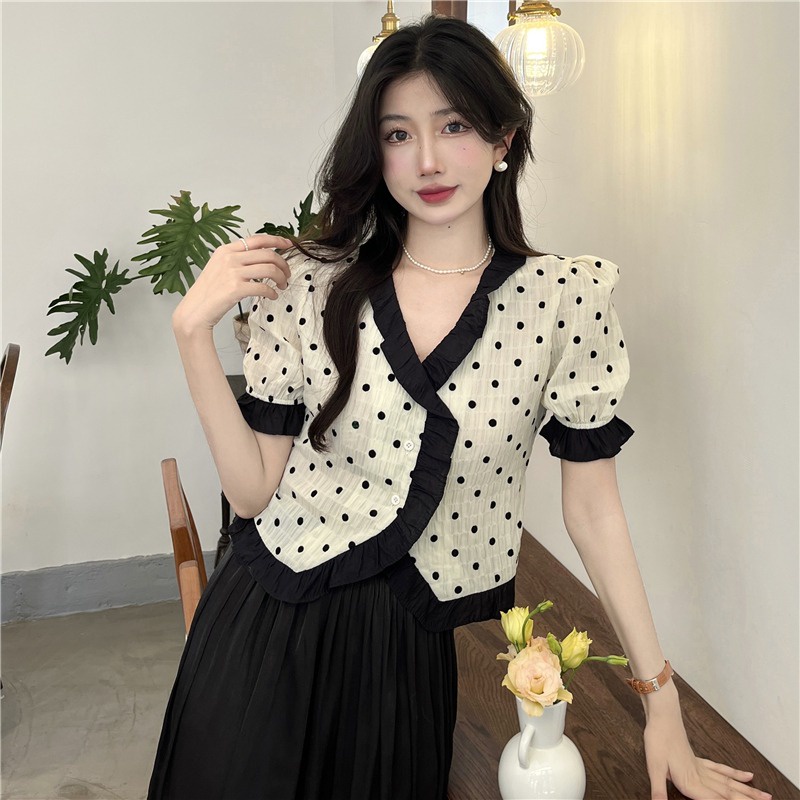 Áo Sơ Mi Cổ Chữ V Họa Tiết Chấm Bi Thời Trang Mùa Hè Hàn Quốc