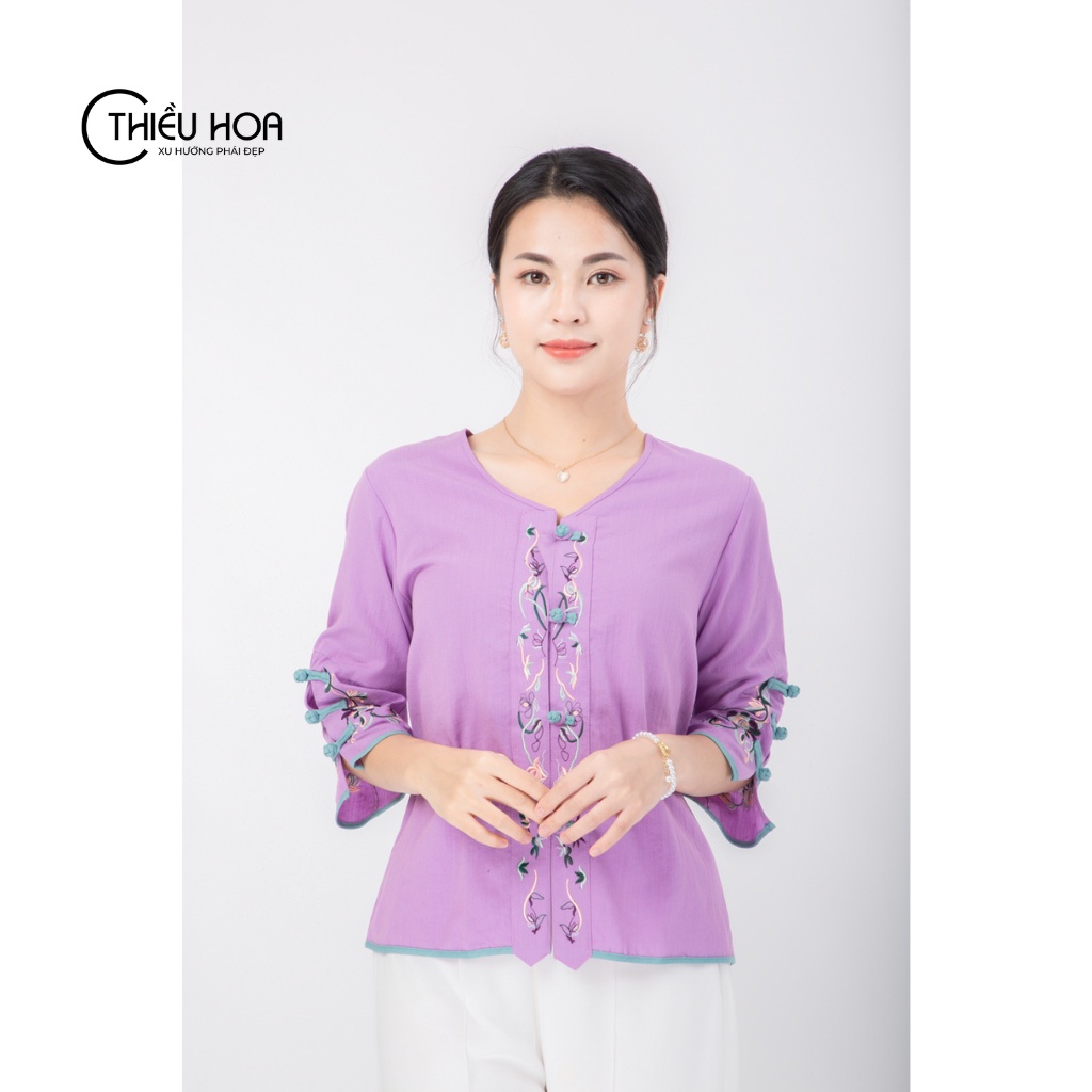Áo trung niên Thiều Hoa chất liệu Linen có thêu hoa tỉ mỉ, mặc thoải mái Thương Hiệu Thiều Hoa A0206