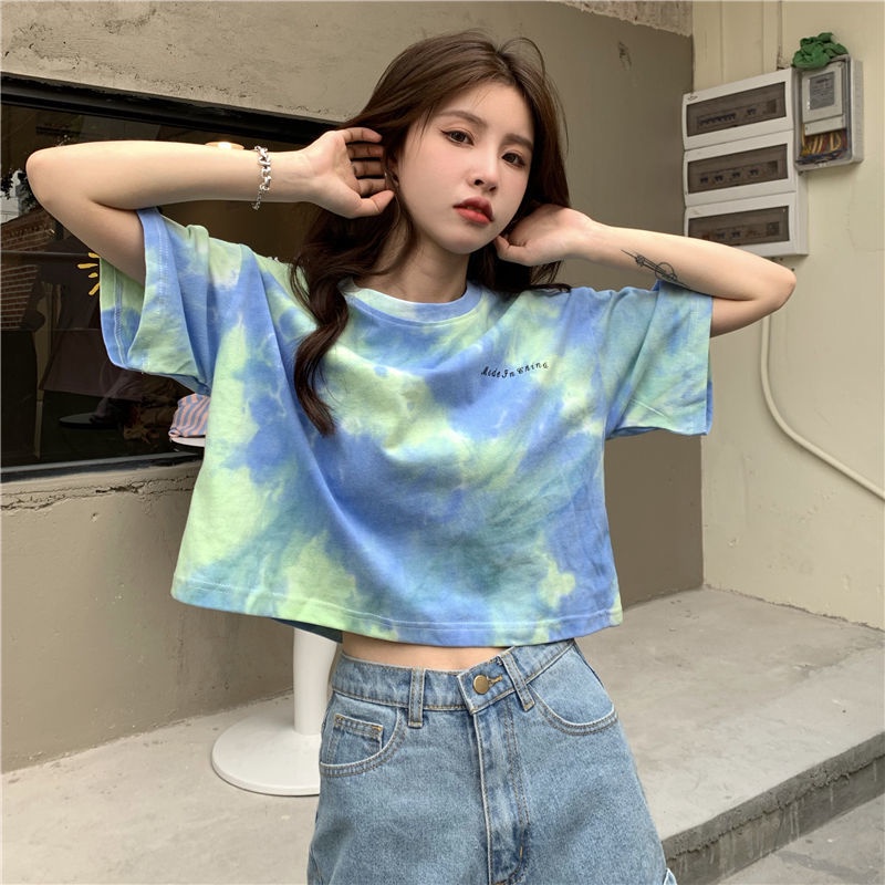 Áo thun croptop tay ngắn nhuộm màu loang thời trang cho nữ