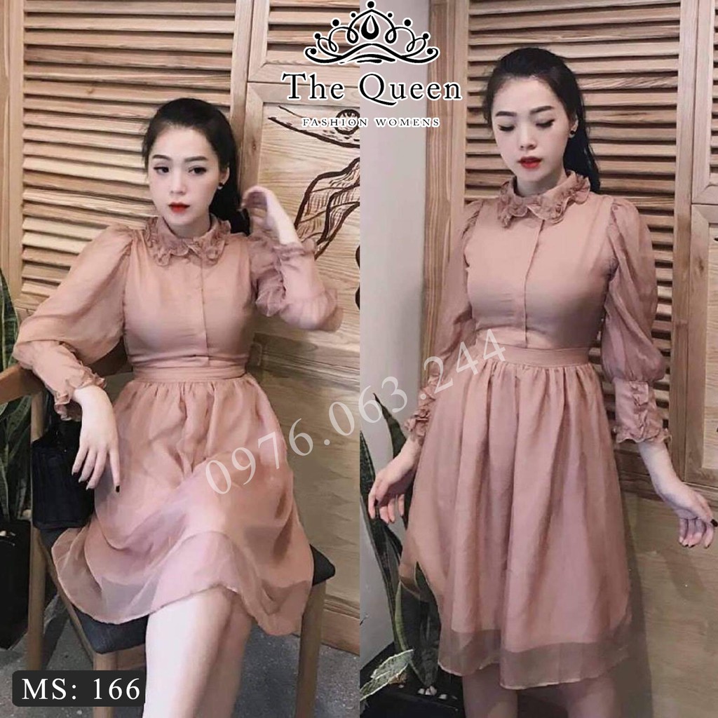 Sale Váy V166 dáng xòe vải voan màu nâu nhạt - The Queen Fashion