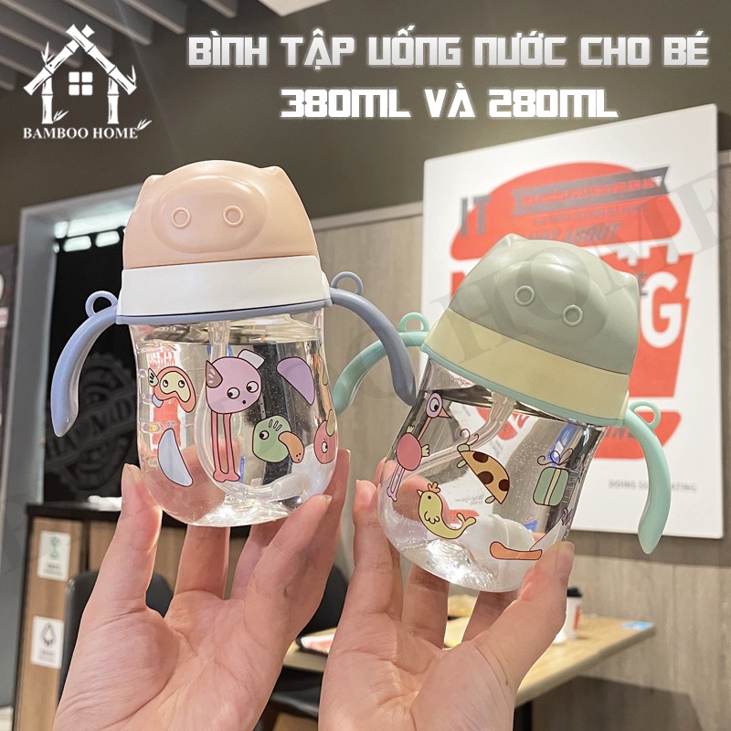 Bình tập uống nước 380 ml cho bé có van chống sặc, chống đổ và dây đeo tiện lợi -Bamboo Home