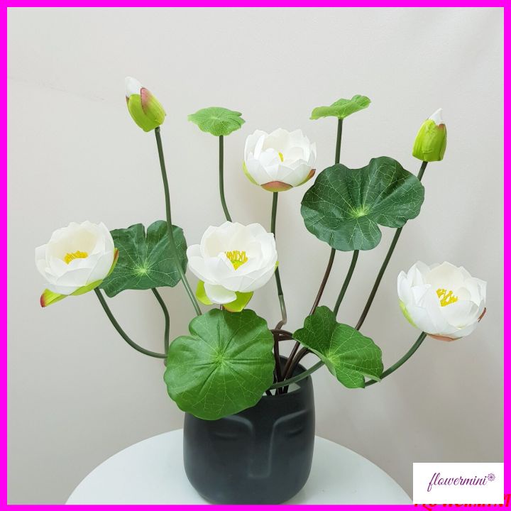 Hoa lụa, bình hoa sen giả để bàn trang trí nhà cửa, trưng bày bàn thờ phật và gia tiên đẹp Flowermini SG-03