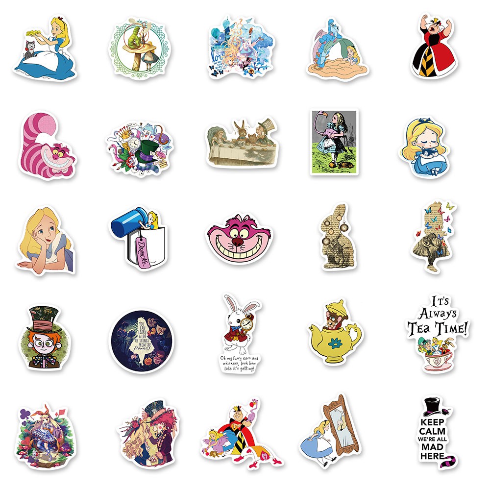 Bộ 50 Miếng Dán Hoạt Hình Alice In Wonderland Chống Thấm Nước