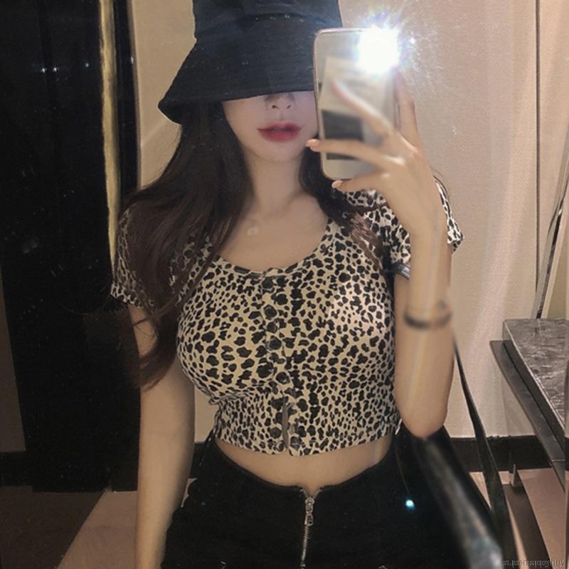 Áo Thun Croptop Nữ Họa Tiết Da Báo Cổ Tròn Tay Ngắn Hở Rốn Thời Trang Gợi Cảm