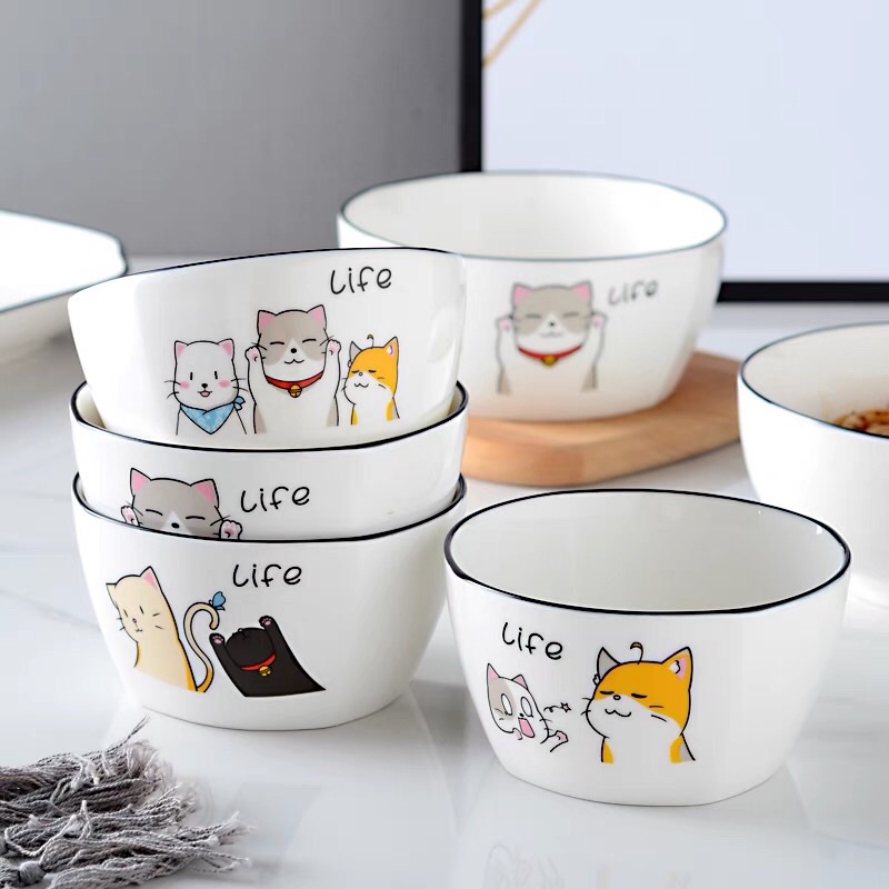 Bát cơm, bát vuông hoạ tiết mèo bộ 4 chiếc kèm muỗng soup