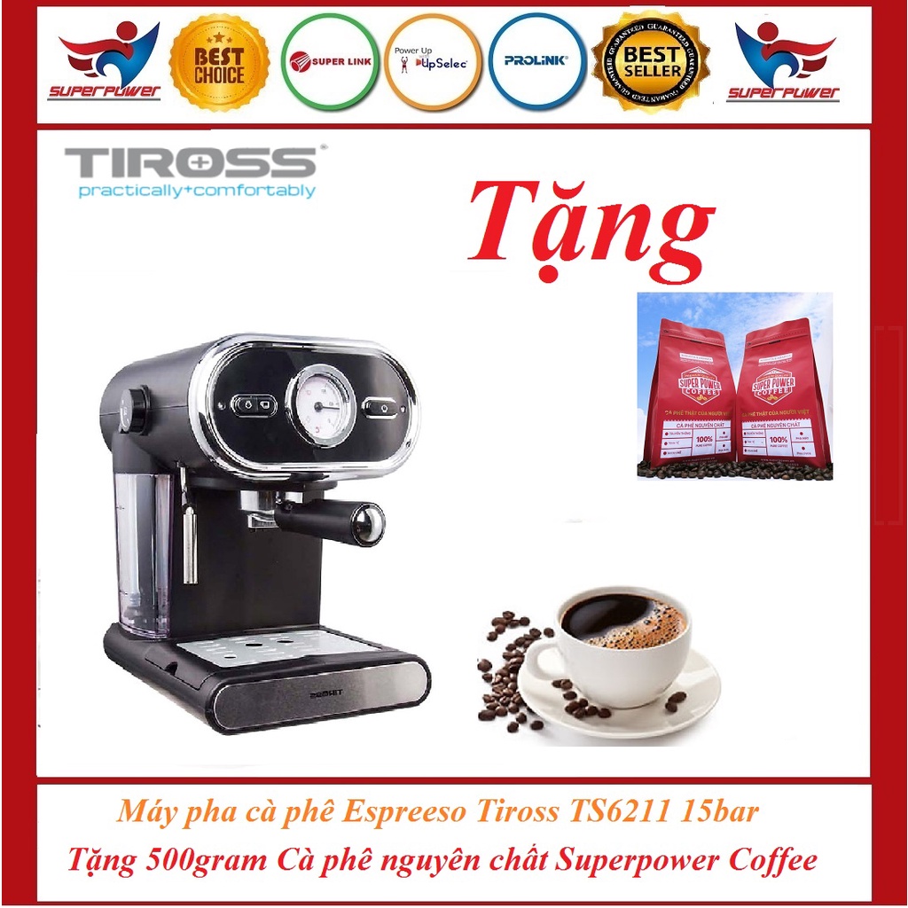 Máy pha cà phê Espresso 4 cốc tiross TS620 800W, TS621 800W, TS6211 15bar + Tặng 500gram cafe