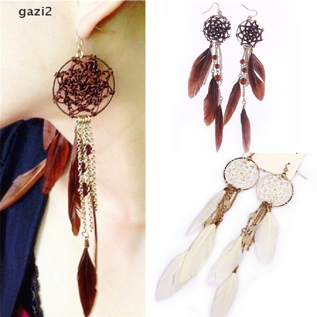(Gzi2) Bông Tai Lông Vũ Dài Phong Cách Bohemian Dân Tộc Mới Dành Cho Nữ