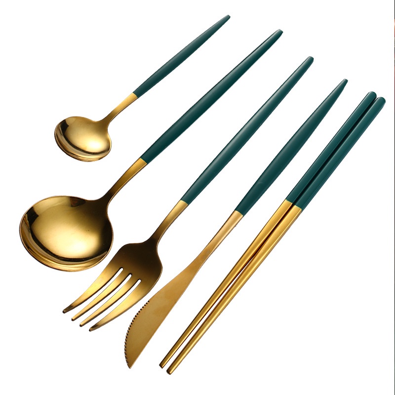 Thìa muỗng inox mạ vàng cán xanh đậm cao cấp sang trọng