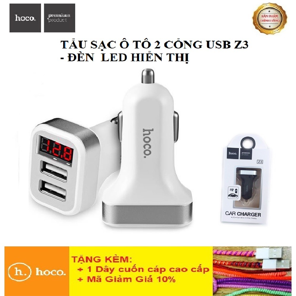Tẩu Sạc Xe Hơi Hoco Z3💎2 CỔNG USB + LED HIỂN THỊ💎Tẩu Sạc Ô tô Có Đèn Led - Bảo Hành Chính Hãng 12T