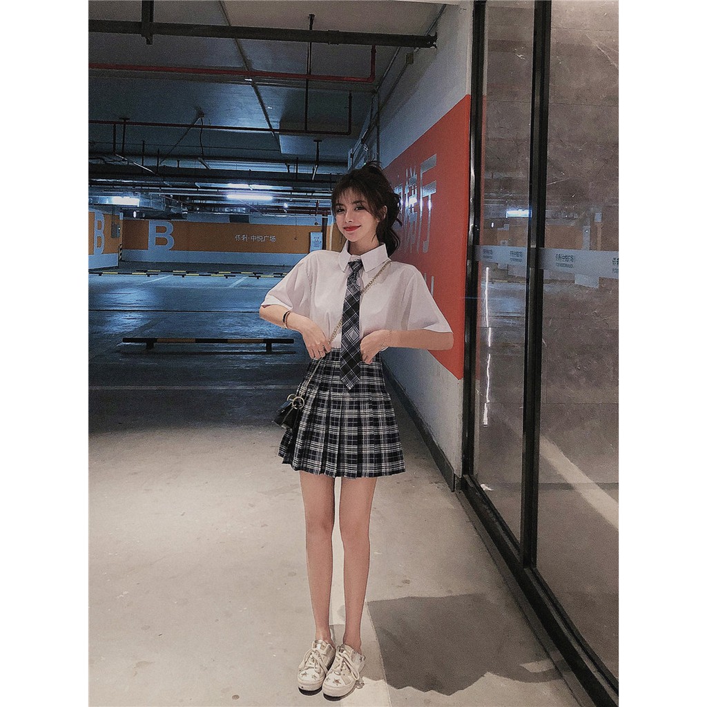 Set áo sơ mi ngắn tay mix chân váy caro kèm cà vạt💕𝑭𝑹𝑬𝑬𝑺𝑯𝑰𝑷💕 | BigBuy360 - bigbuy360.vn