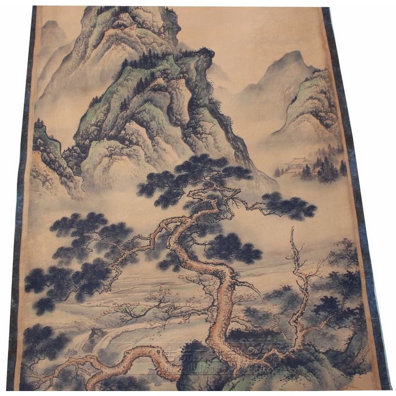 Tranh giả cổ Sơn Thủy của họa sĩ Vương Mông, Tranh giấy xuyến chỉ viền bo lụa size lớn 155 x 74cm