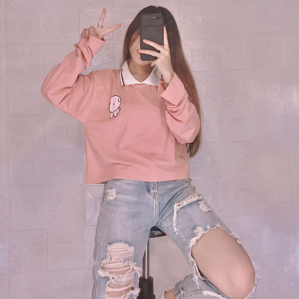 Áo Croptop Tay Dài Có Cổ Cún CT54, Áo croptop nữ thun sơ mi kiểu ôm body có cổ tay ngắn đẹp, Áo polo phông nữ croptop