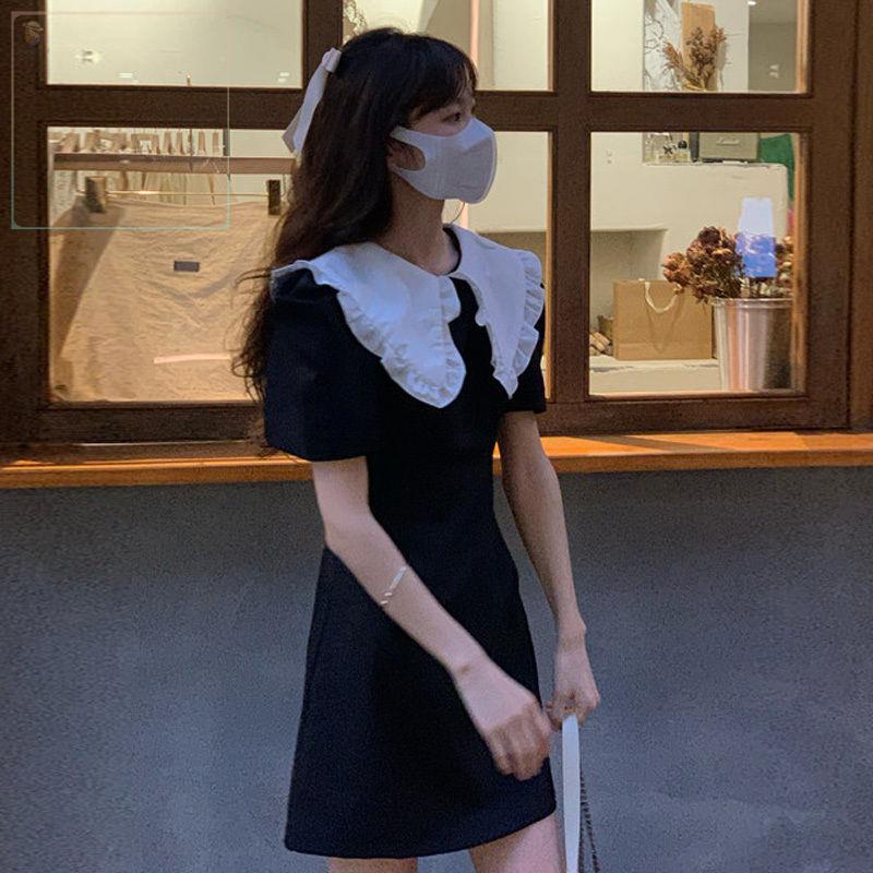 Đầm ngắn cổ búp bê tay phồng màu đen thời trang mùa hè dành cho nữ