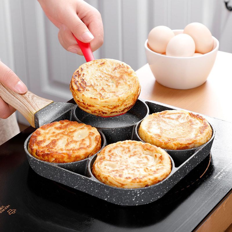 Chảo Omelet 4 lỗ cho trứng Burger Ham Máy làm bánh kếp Tay cầm bằng gỗ Nồi chiên chống dính Nấu ăn Bữa sáng