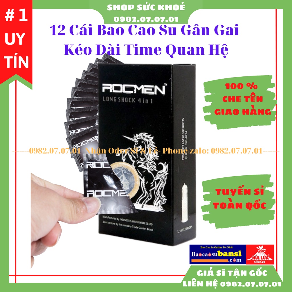 Bao Cao Su ROCMEN [100% Chính Hãng] Long Shock Có Gai, Gân, Kéo Dài Thời Gian - Hàng Chính Hãng Brazil - Hộp 12 Cái