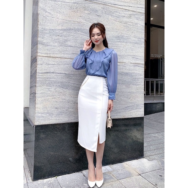 ANU432 - ÁO SM NỮ TƠ ÓNG CỔ BÈO ĐÍNH NGỌC 2 LỚP