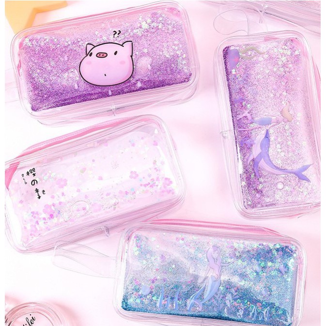 BÓP VIẾT NHỰA ĐỰNG BÚT TRONG KIM TUYẾN LẤP LÁNH HÌNH HEO - BÓP ĐỰNG BÚT TRONG SUỐT NHIỀU MÀU