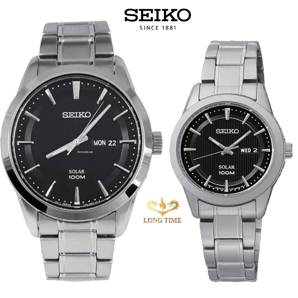Đồng hồ đôi Seiko Solar SNE363P1S và SUT161P1 dây thép chống rỉ, mặt kính Hardlex Crystal- pin năng luopwng mặt trời