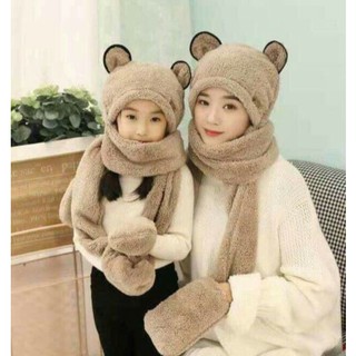 Set mũ, khăn và bao tay cho mẹ và bé hình gấu