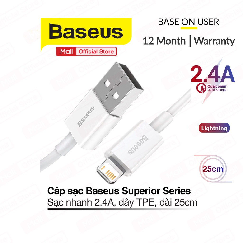 Cáp sạc Baseus Superior Series Lightning USB tốc độ sạc 2.4A,truyền dữ liệu 480Mbps dây nhựa dẻo ABS + TPE, dài 25/100cm