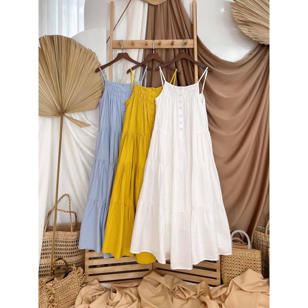 Đầm maxi 2 dây tầng nút bọc - nhiều màu lựa chọn