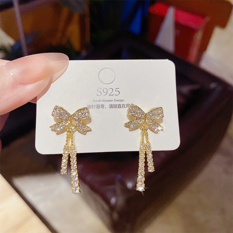 XiaoboACC Bông Tai Kim Bạc S925 Đính Nơ Tua Rua Thời Trang Cho Nữ