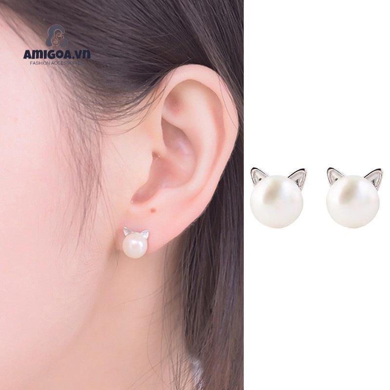 ✨✨Khuyên Tai Bạc 925 Hình Tai Mèo Đính Ngọc Trai Dễ Thương Cho Nữ