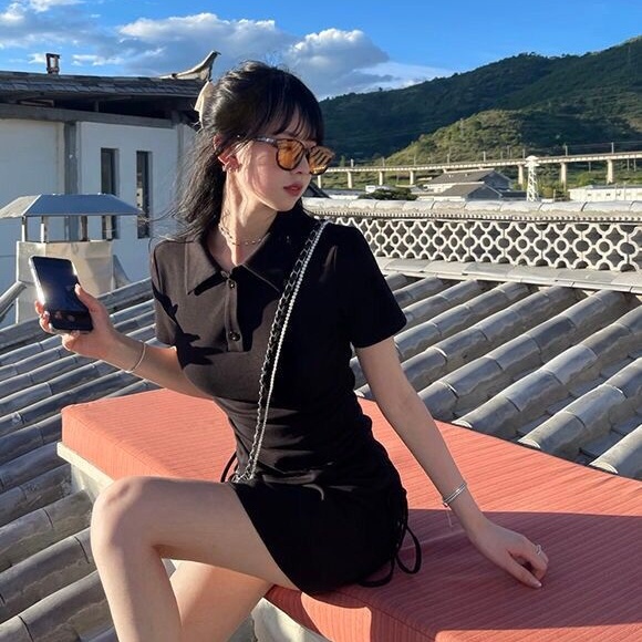 Đầm midi SUXI tay ngắn màu sắc đơn giản thanh lịch