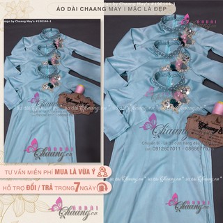 Áo dài lụa bóng xanh ngọc đính ren nổi kèm quần