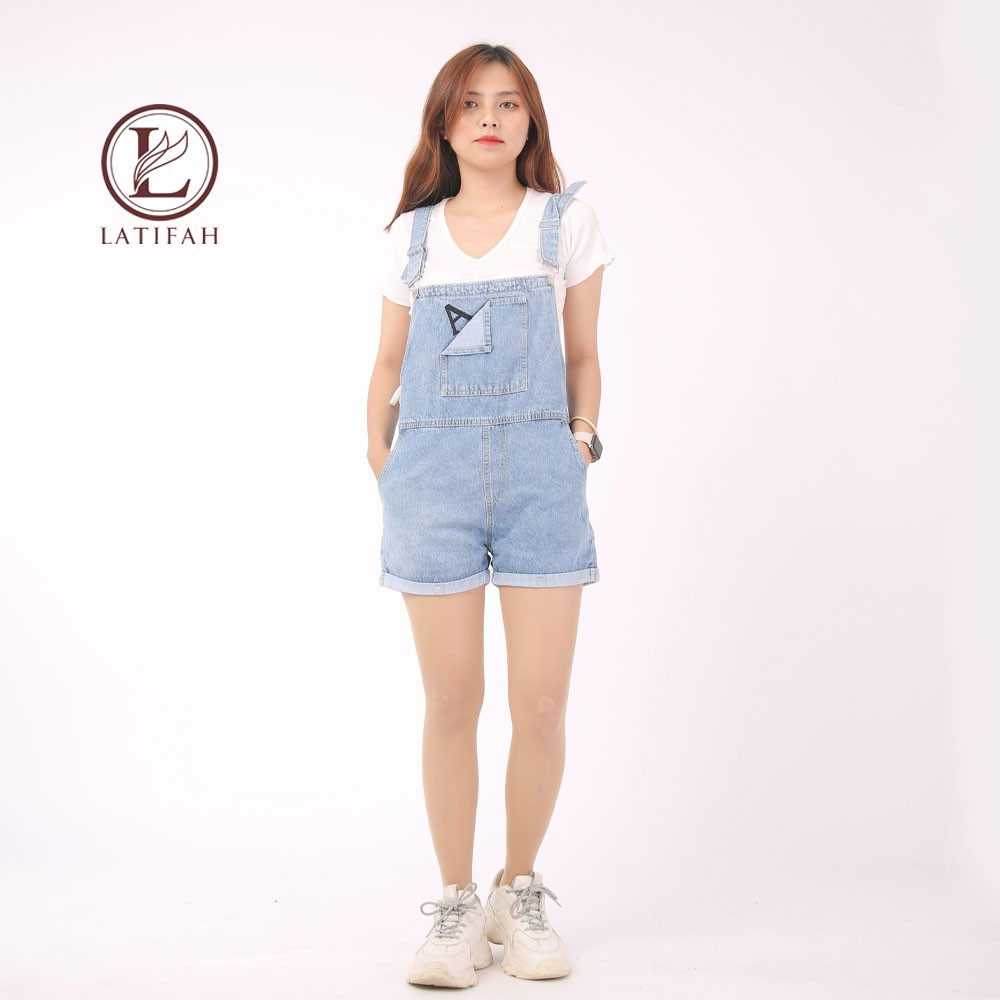 [Mã BMBAU50 giảm 50K đơn 150K] Quần yếm short jean LATIFAH thêu chữ A YJ007 phong cách trẻ hàn quốc