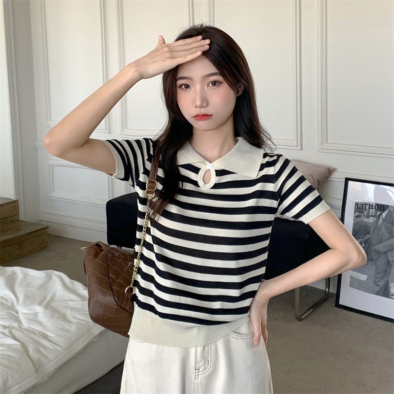 Áo Thun POLO Dệt Kim Ngắn Tay Họa Tiết Kẻ Sọc Thời Trang