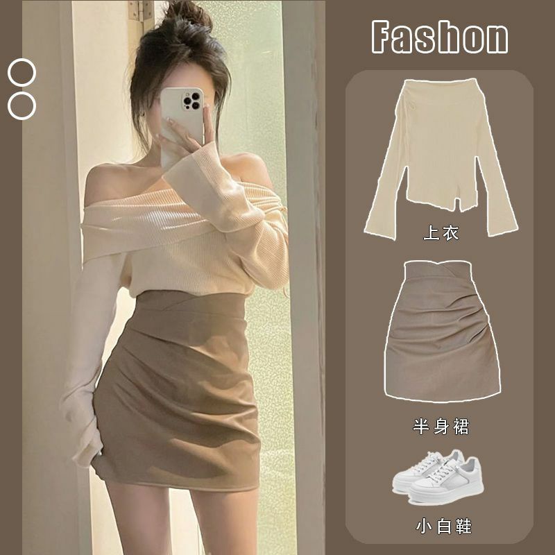 (H74) Set Áo Len Mỏng Trễ Vai Kèm Chân Váy Da Phong Cách Hàn Quốc Kèm Ảnh Thật Cuối 💓