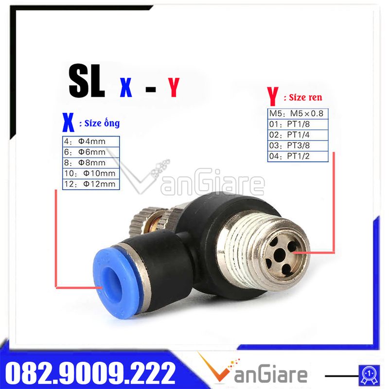 Van tiết lưu khí nén SL cho ống 4mm 6mm 8mm 10mm 12mm 16mm, van chỉnh lưu hơi ren ngoài nối ống