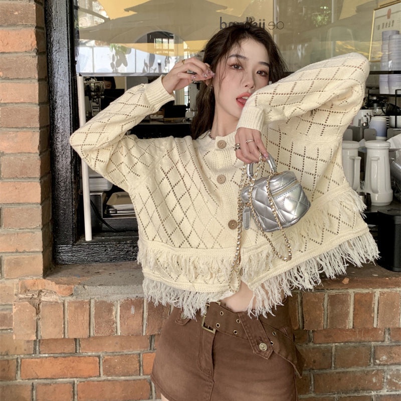 Áo Khoác cardigan Dệt Kim Mỏng Dáng Ngắn Thiết Kế Nhiều Lớp Phối Tua Rua Thời Trang Mùa Thu Mới Cho