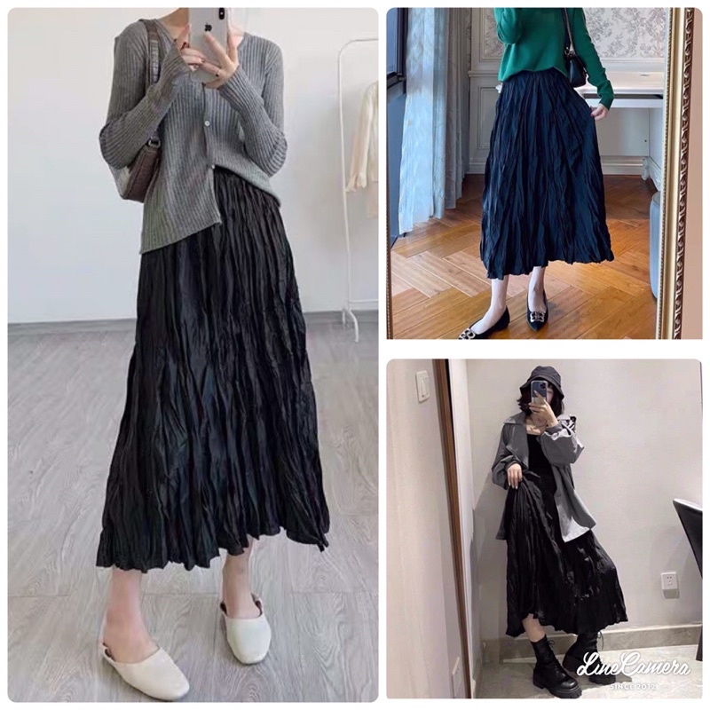 Chân váy dài nhăn dài 82cm loại 1 Quảng Châu chân váy midi xếp ly vintage