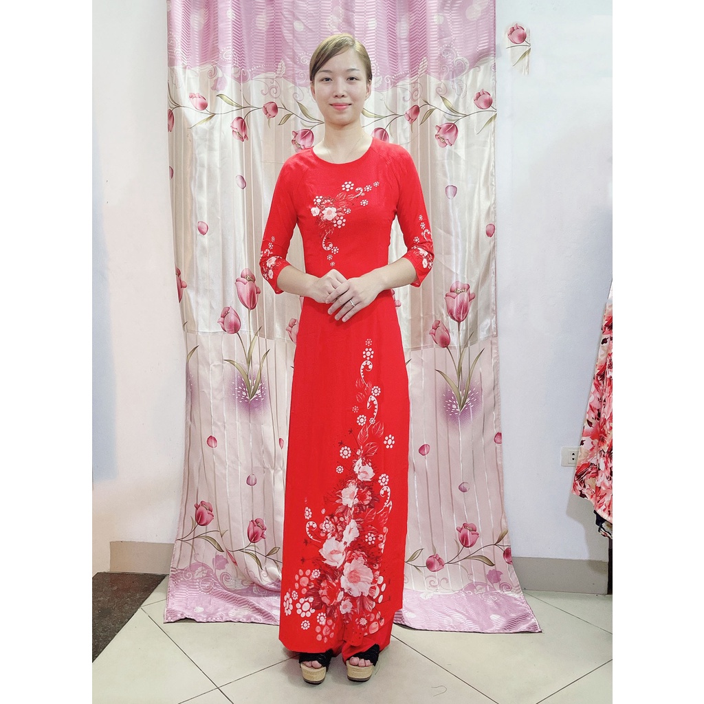 Áo dài nữ truyền thống đẹp hàng thiết kế may sẵn cách tân màu đỏ mặc tết mềm mại, có co giãn in 3D ADI3D-Đỏ