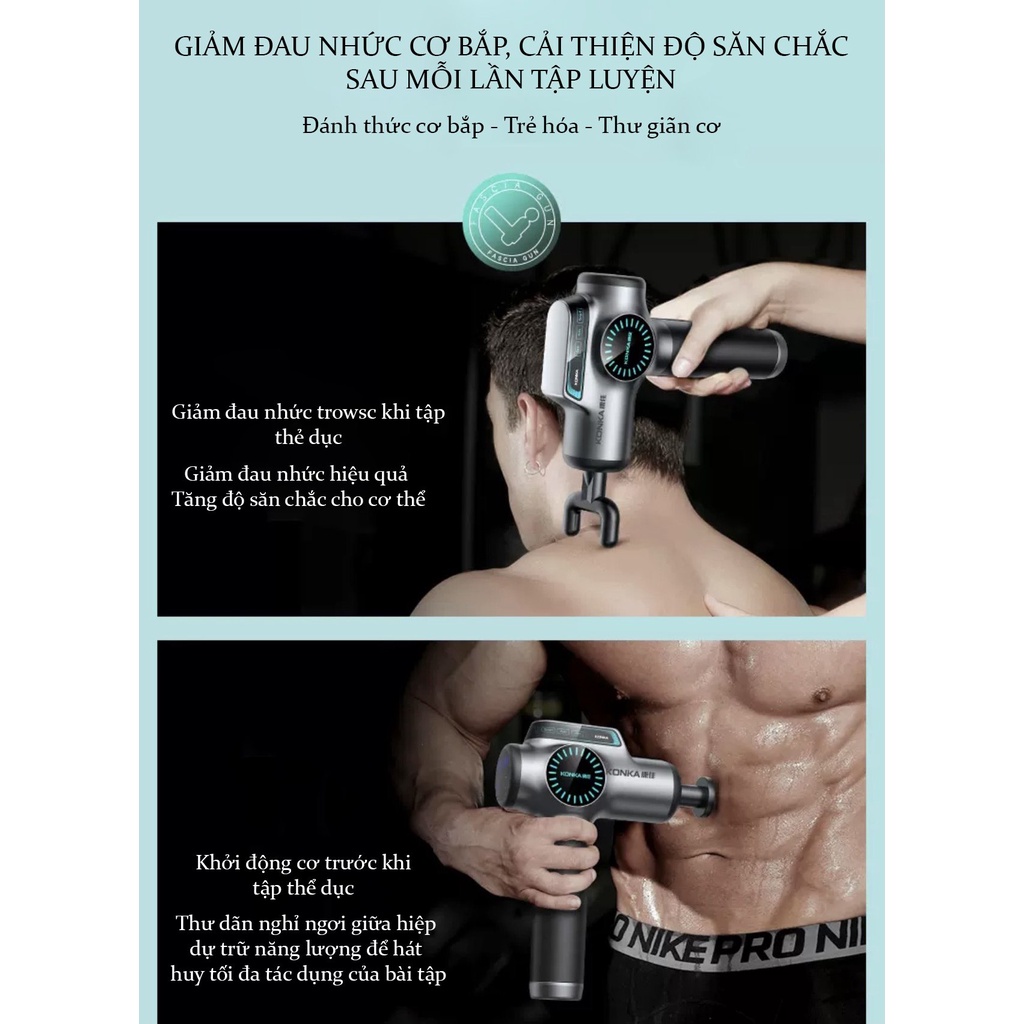 Máy massage cầm tay KONKA F2 8 đầu 99 cấp độ trị đau nhức toàn thân hiệu quả, súng massage kèm 8 đầu mát xa chuyên sâu