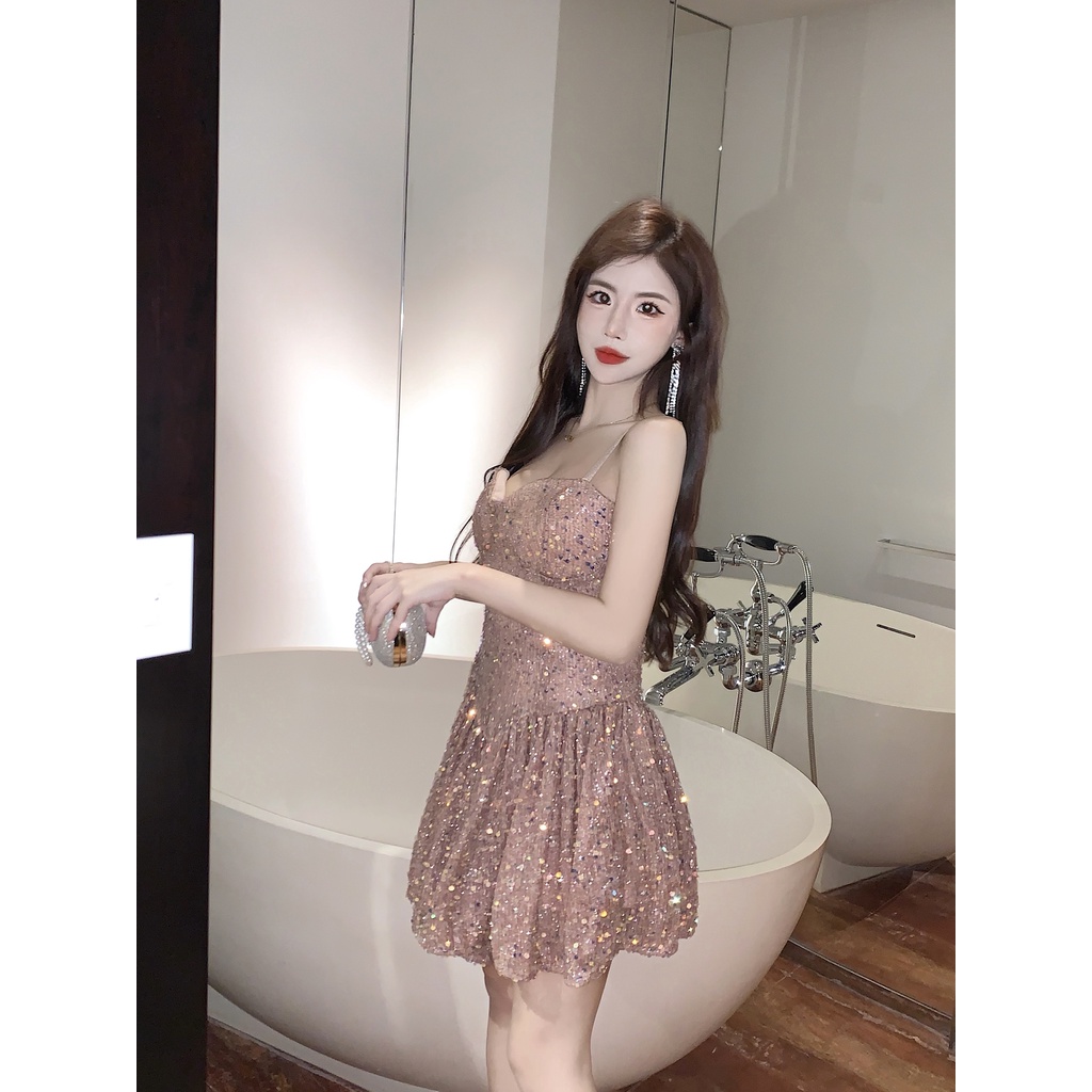 Đầm Hai Dây Cổ Chữ v Khoét Sâu Đính Kim Sa Lấp Lánh Thời Trang Mùa Hè Cao Cấp Quyến Rũ Dành Cho Nữ