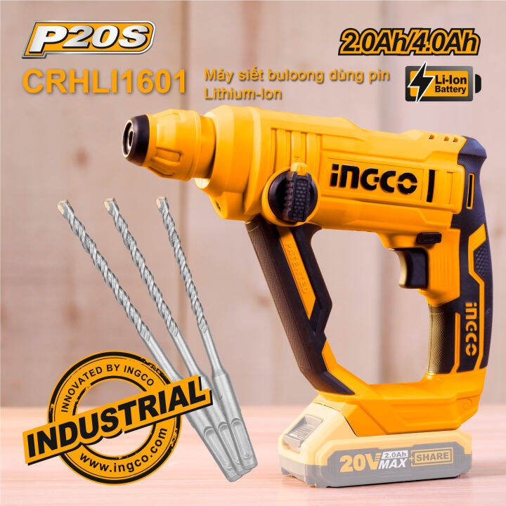 Máy khoan đục bê tông dùng pin Lithium-Ion 20V CRHLI1601 hiệu INGCO với 3 mũi khoan SDS-plus