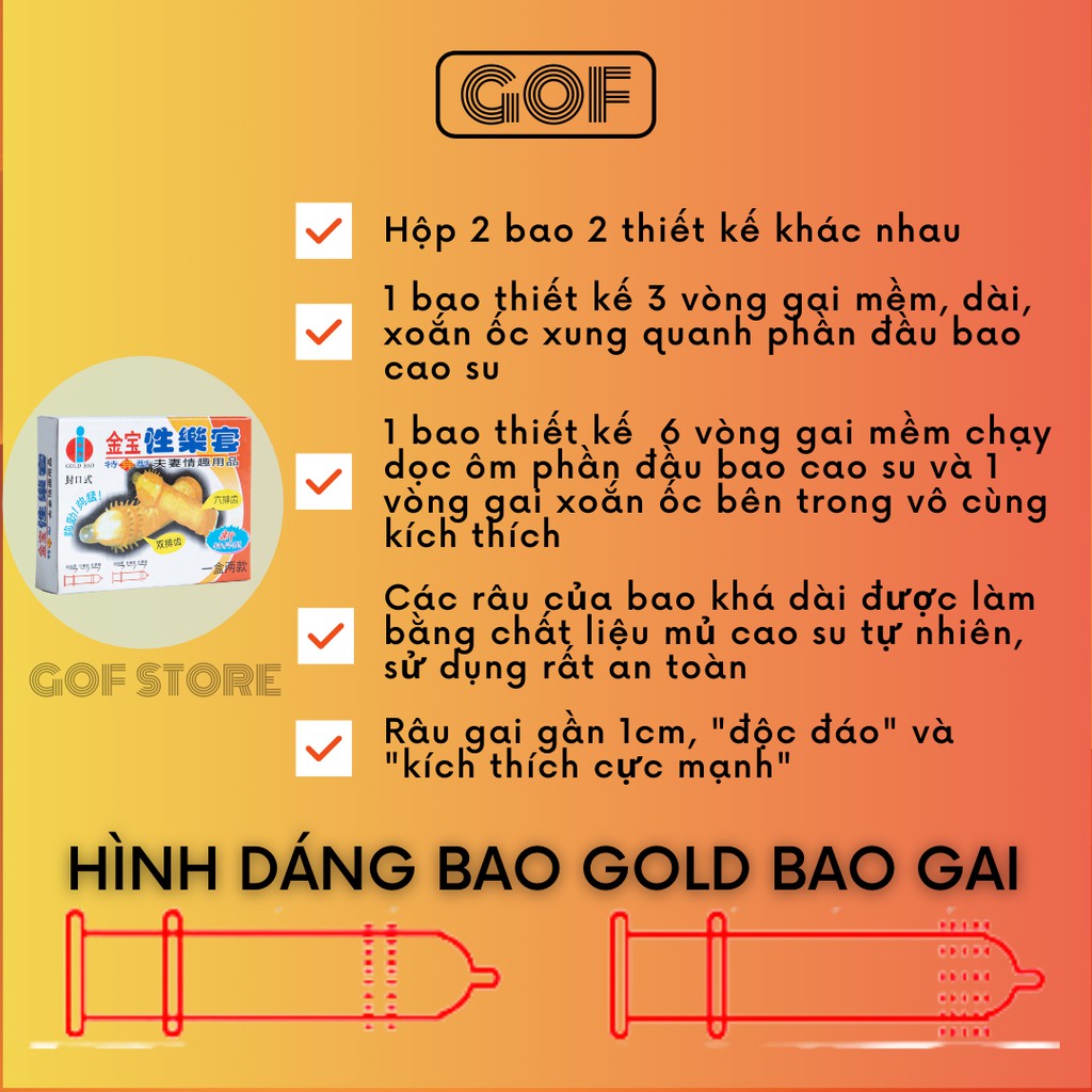 Bao cao su gai gân râu xoắn ốc Gold Bao gai kích thích mạnh Hộp 2C– GoF