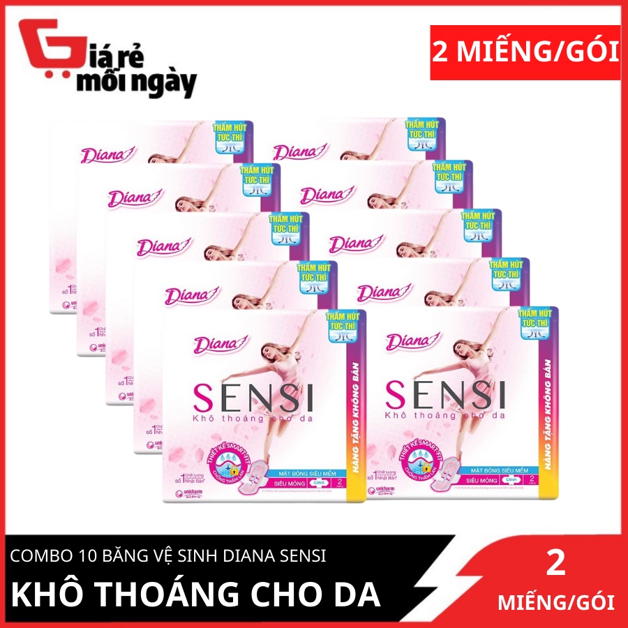 Combo 10 Gói Băng Vệ Sinh Diana Sensi Siêu Mỏng Cánh Khô Thoáng Cho Da 23cm 2 miếng/gói