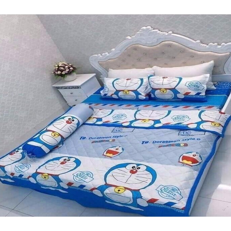 TRỌN BỘ CHĂN GA GỐI COMBO 5 MÓN 1m6 x 2m - ĐÔREMON THƯ - DRAP RA 5 MÓN DOREMON