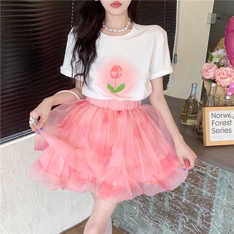 Jiashucheng Set Áo Thun Ngắn Tay In Họa Tiết + Chân Váy Lưới Eo Cao Thời Trang Mùa Hè Cho Nữ