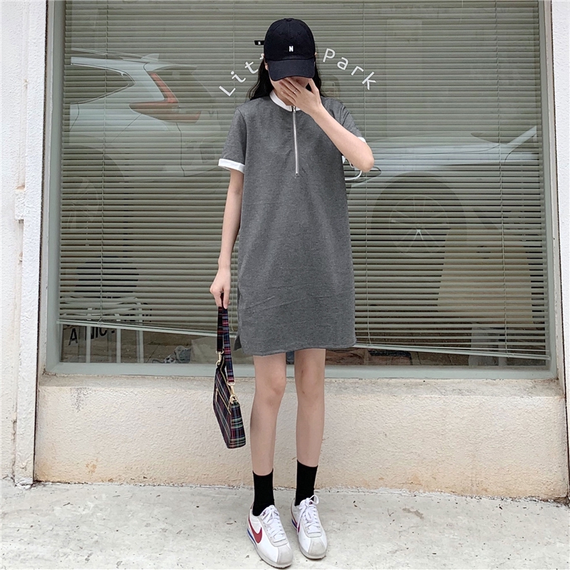 SUXI Đầm thun ngắn tay màu trơn phối khóa kéo phong cách trẻ trung năng động cho nữ