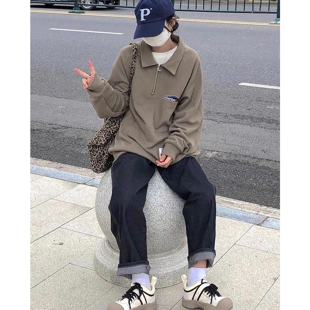 Áo Nỉ Cổ Cao Saturday PEONYB Nữ [FREESHIP]  Sweater zip form rộng tay bồng hoodie màu nâu rêu vintage cá tính Ulzzang
