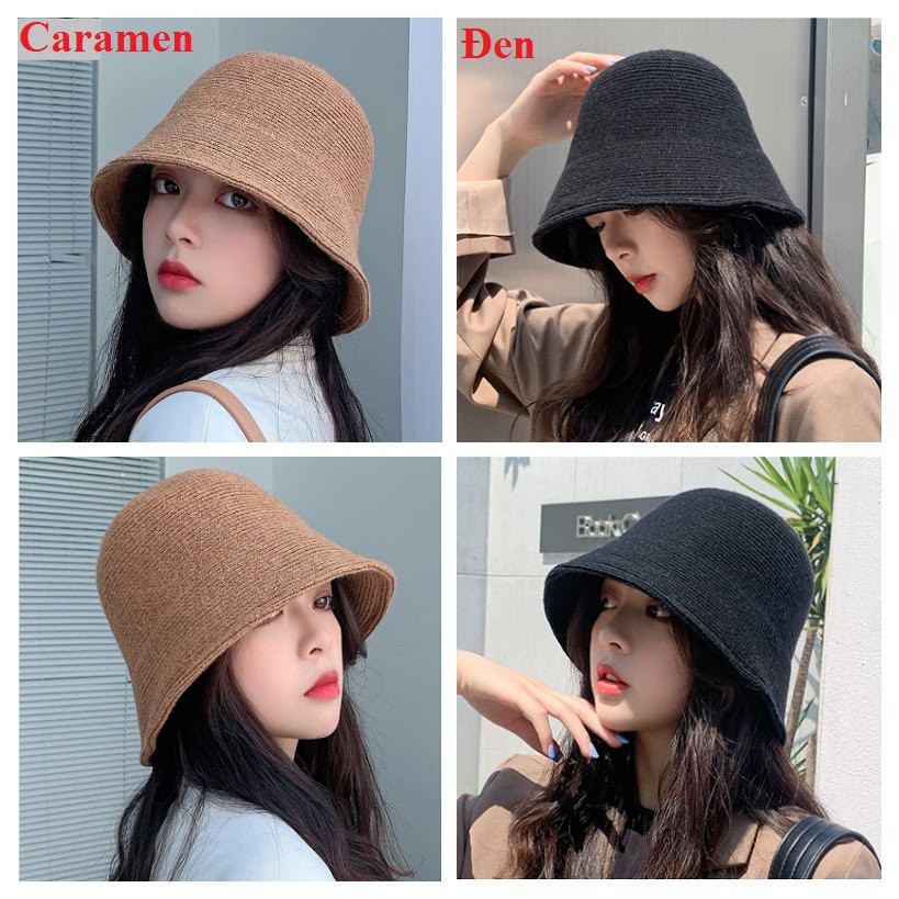 Mũ len bucket dệt kim phong cách Hàn Quốc đựng túi zip