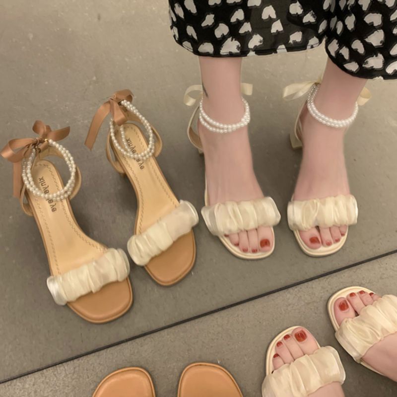 Giày cao gót voan nhũ thắt nơ sang chảnh đế vuông cao 9cm cd45